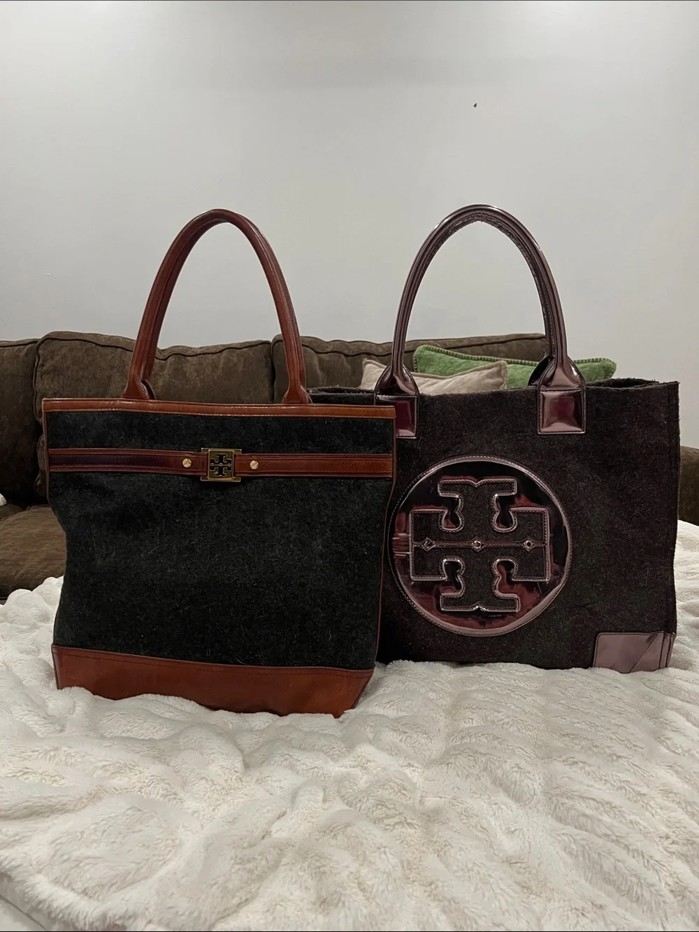 Tory Burch Black Suede Tote with Brown Leather Trim